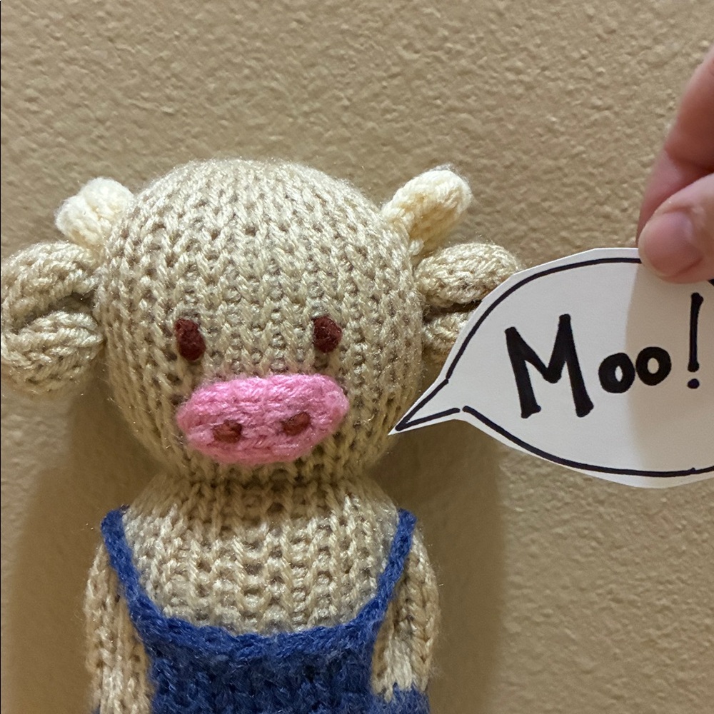 Handmade Knit Cow in overalls!! Plush Toy. Of cuteness